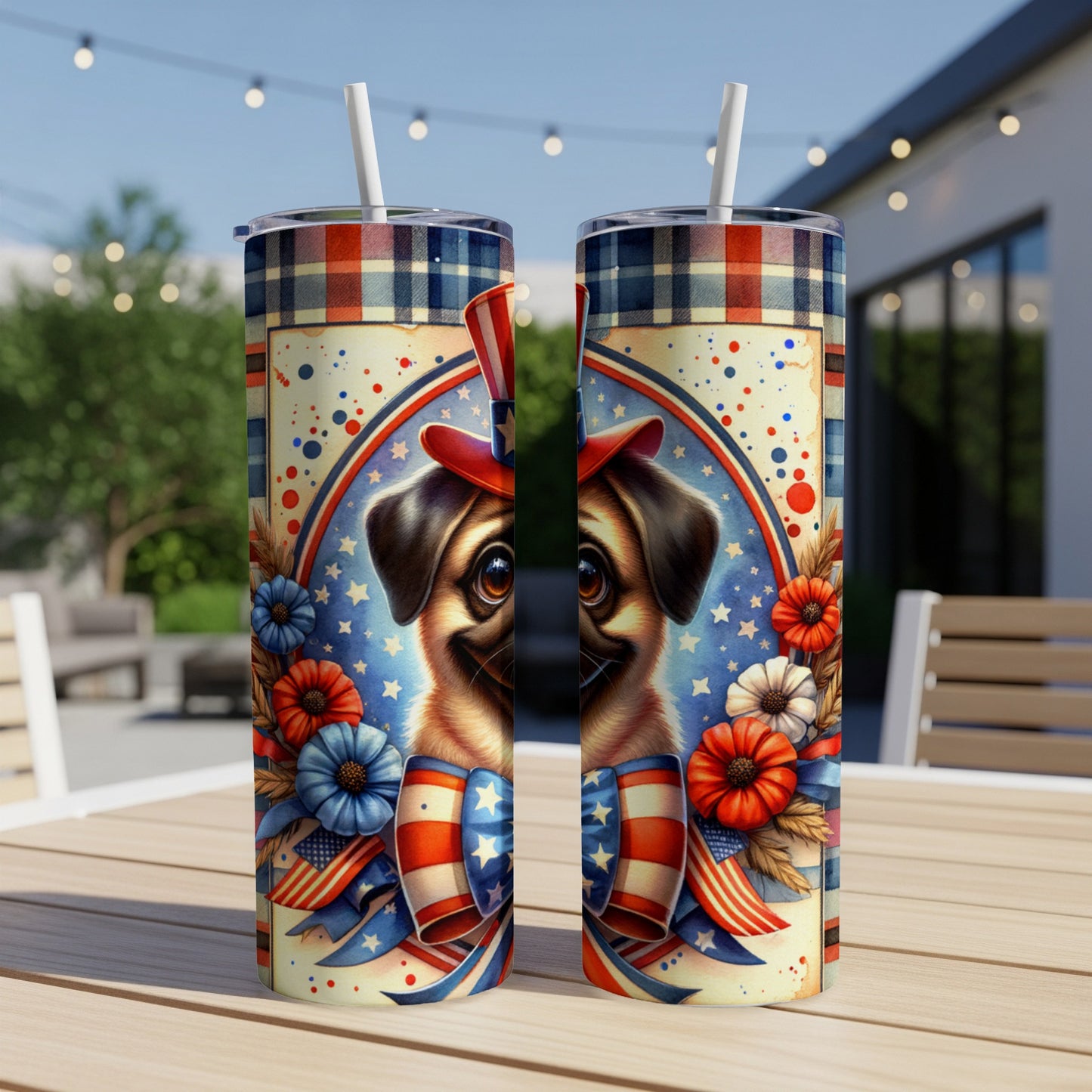 Pug wearing a patriotic hat and bow, on a red, white, and blue Fourth of July themed tumbler.