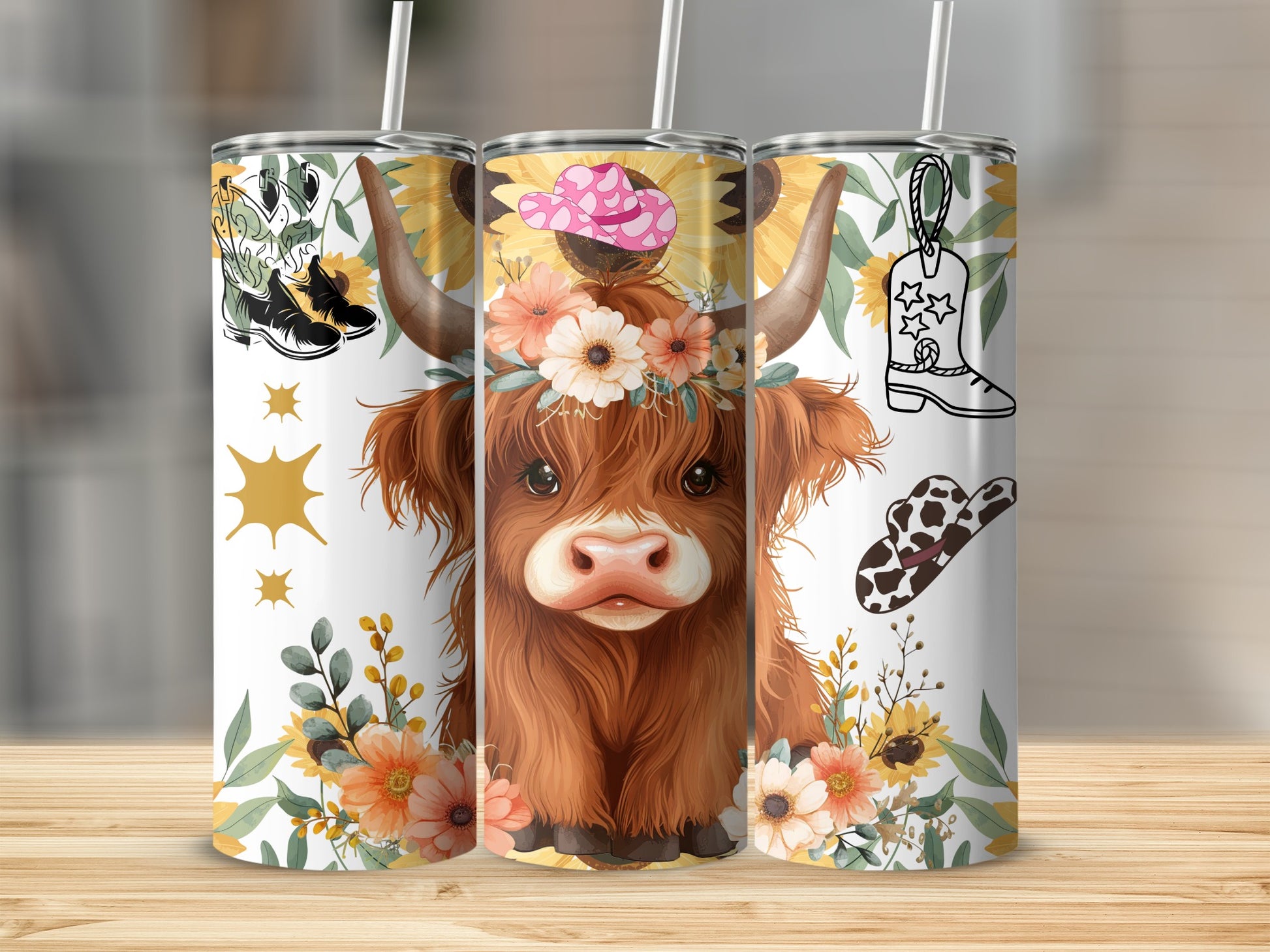 Cute Highland Cow Floral Design Stainless Steel Tumbler