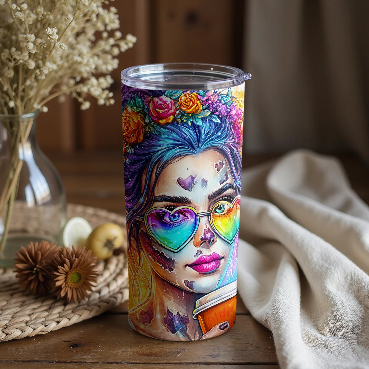 Vibrant Floral and Heart Sunglasses Tumbler Cup