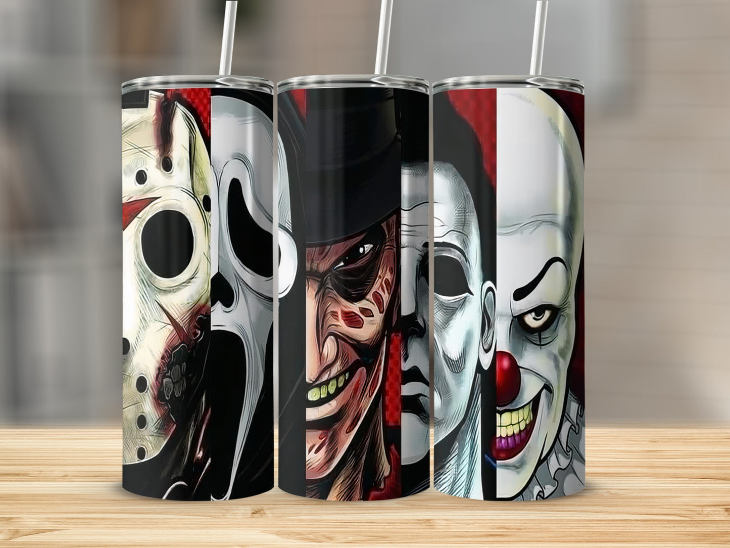 Three horror movie character tumblers: Jason Voorhees, Ghostface, Freddy Krueger, and Pennywise.
