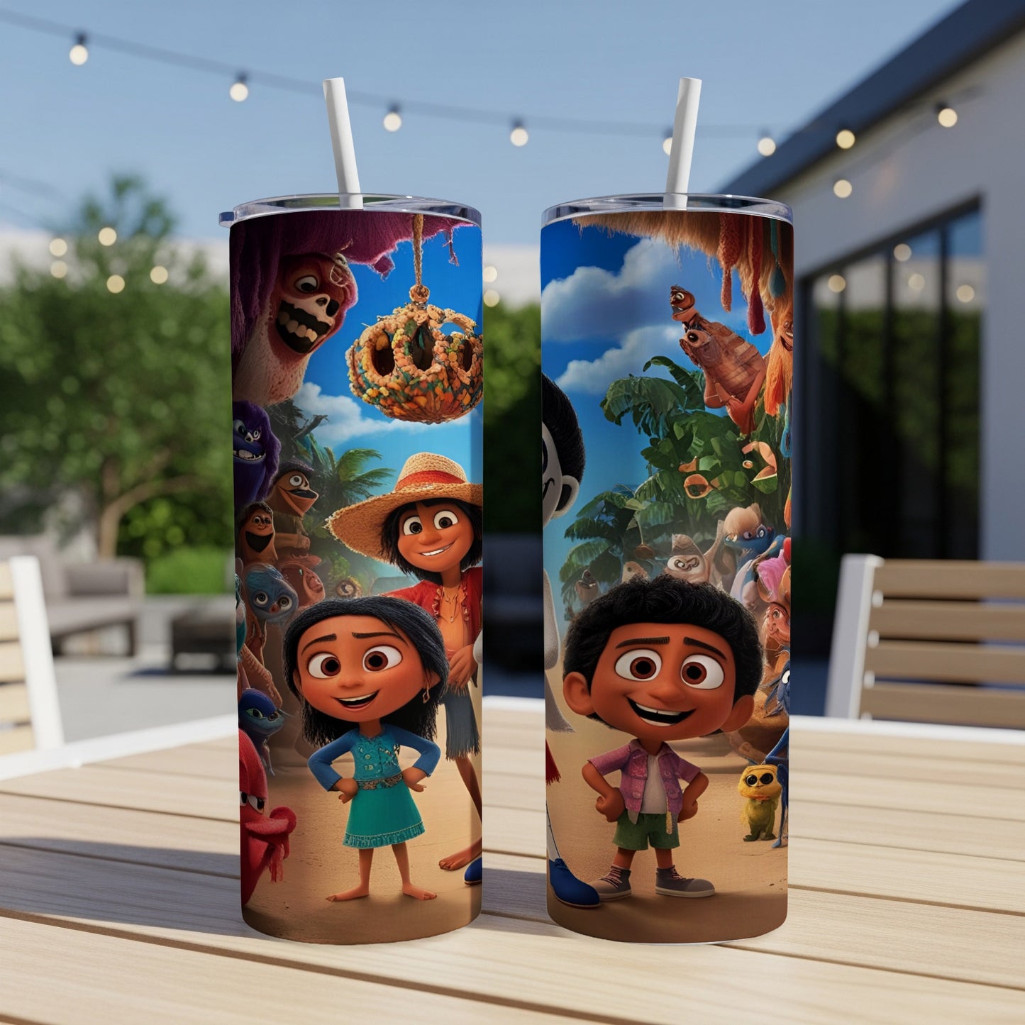 Two animated characters, a girl and a boy, on a tropical background.