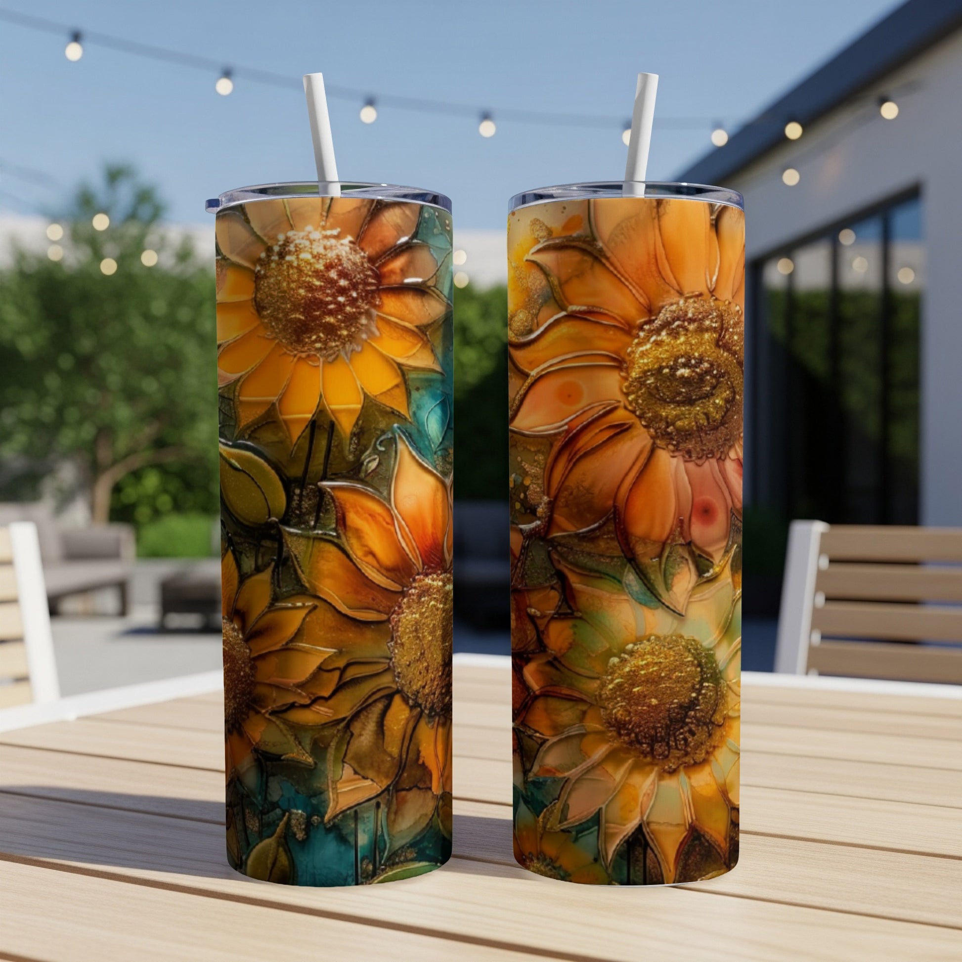 Two tall tumblers with a sunflower design sit on a table.