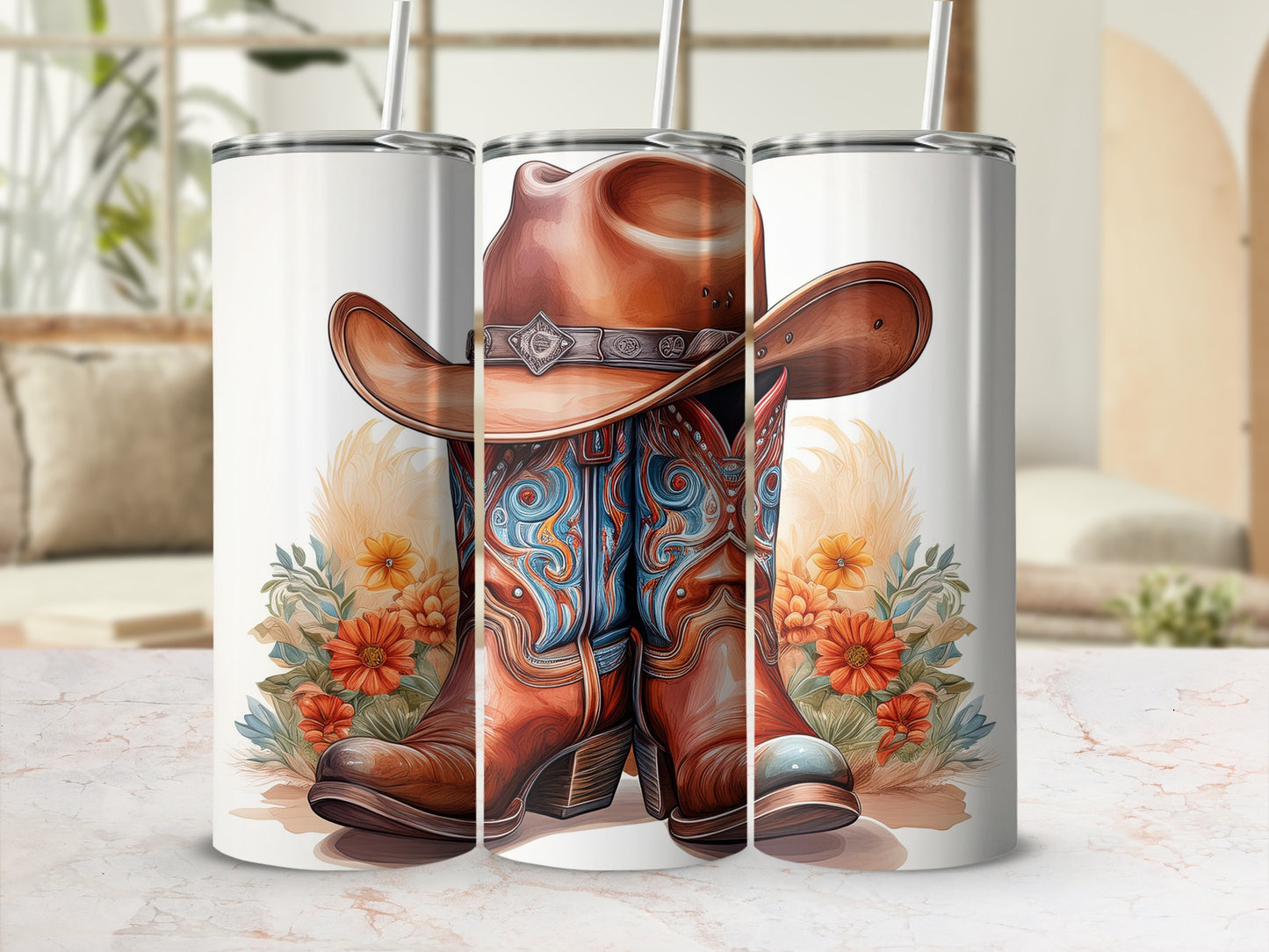 Cowboy boots and hat with floral accents on a marbled surface.