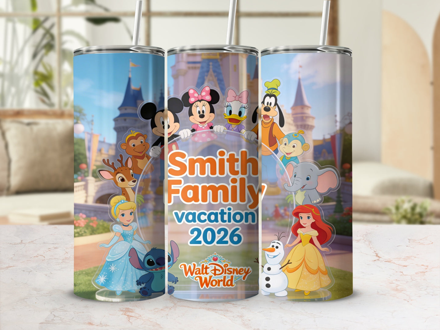 Disney characters surround "Smith Family Vacation 2026 Walt Disney World" text on a tumbler.