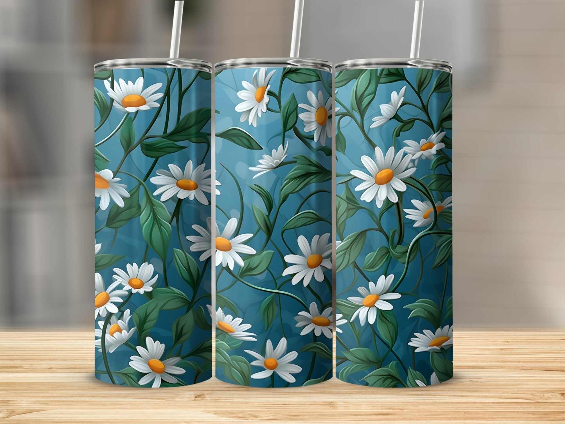 White Daisy Green Vines Teal Blue Tumbler product type