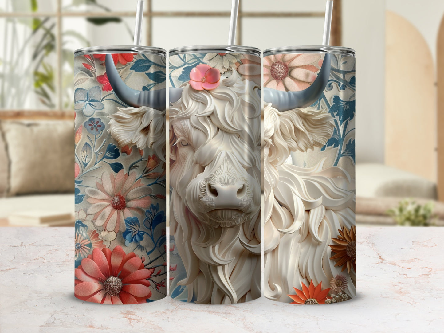 White highland cow with floral pattern tumbler and straw.