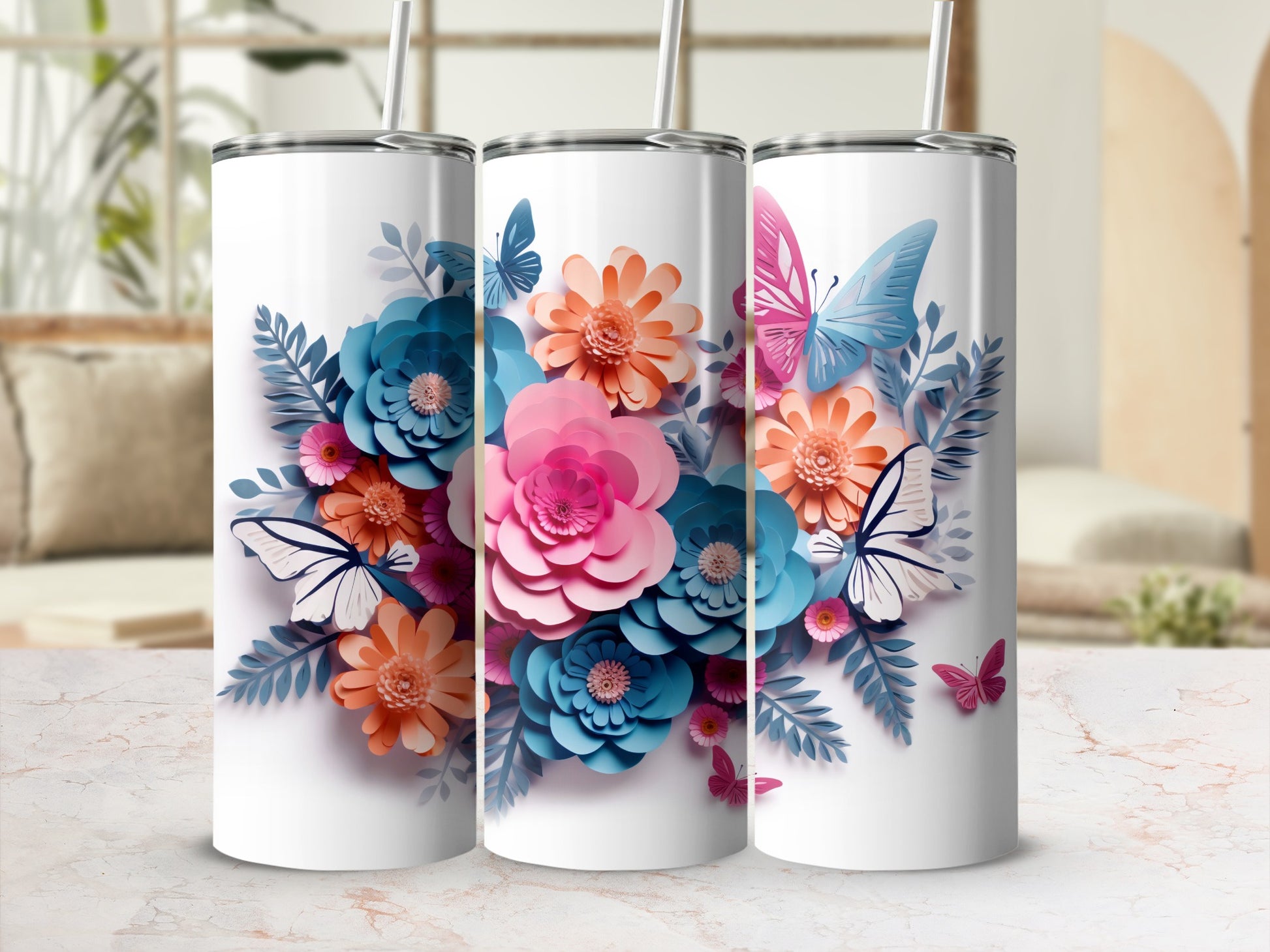 Floral and Butterfly Design Tumbler with Straw