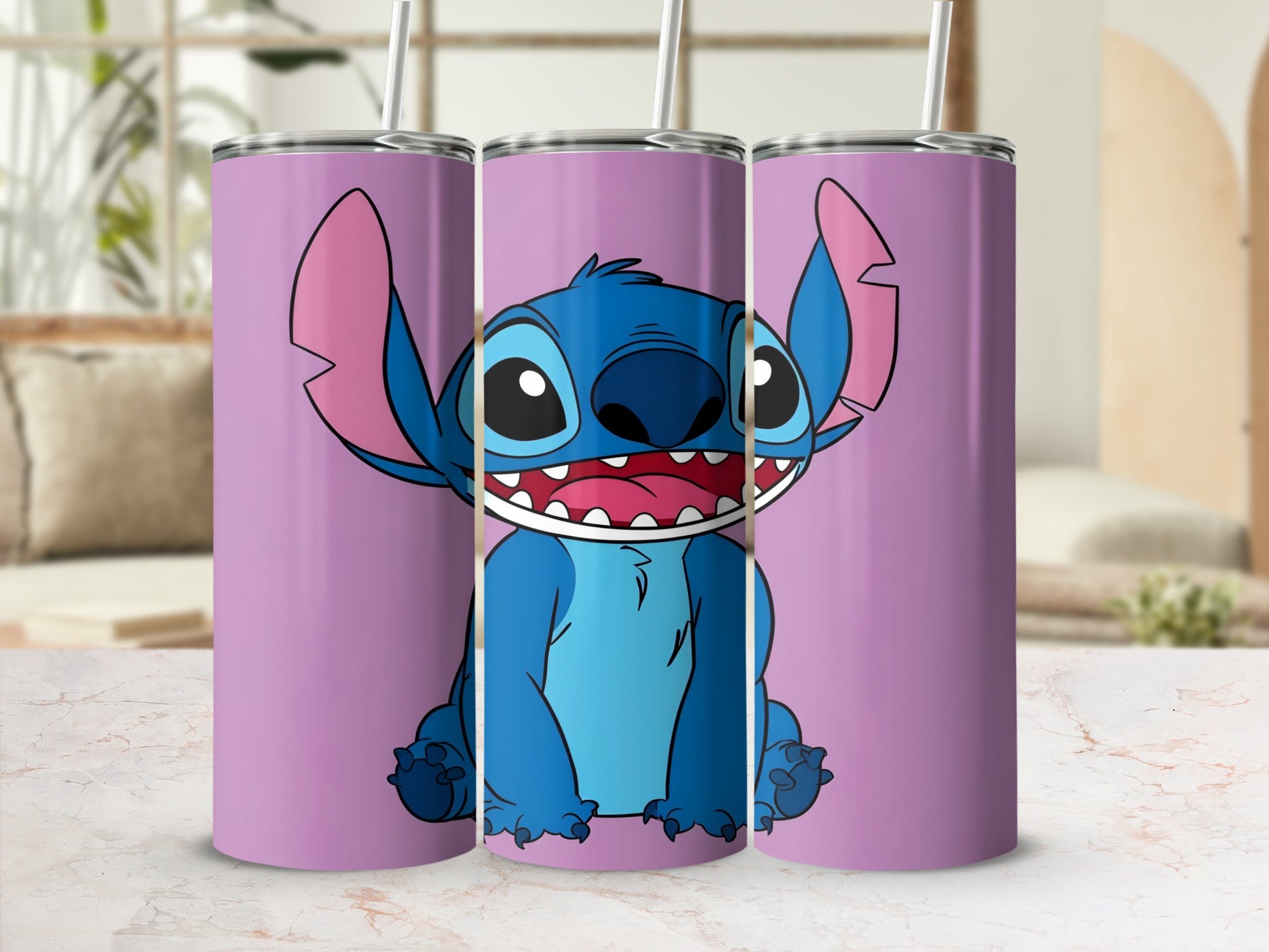 Three purple tumblers featuring Stitch from Lilo & Stitch, open mouth, straw inserted.