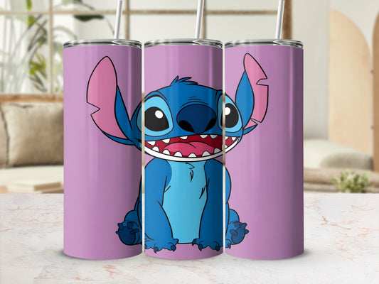 Three purple tumblers featuring Stitch from Lilo & Stitch, open mouth, straw inserted.