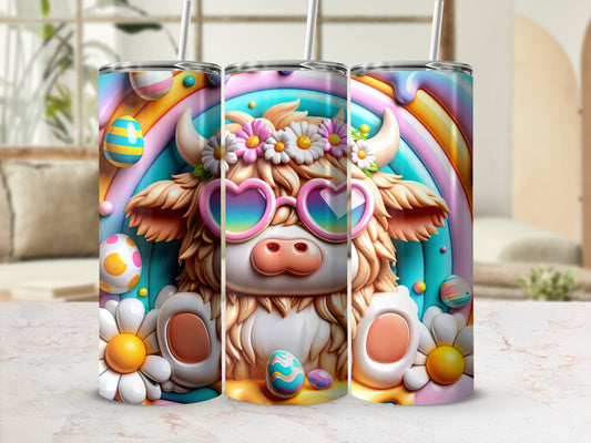 Easter Highland cow with heart sunglasses and pastel rainbow background.