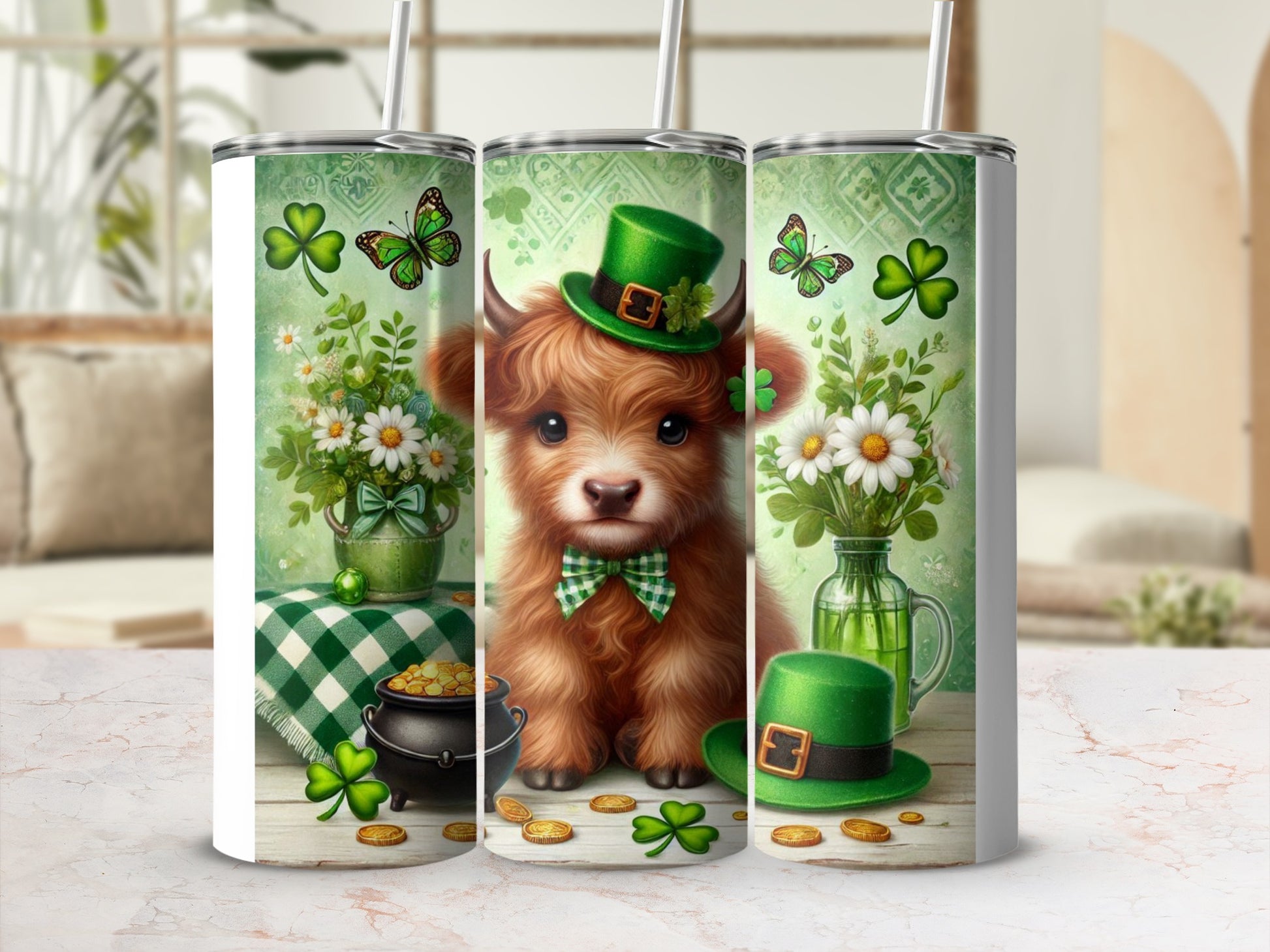 Highland cow wearing a green St. Patrick's Day hat and bow tie, with shamrocks and flowers.