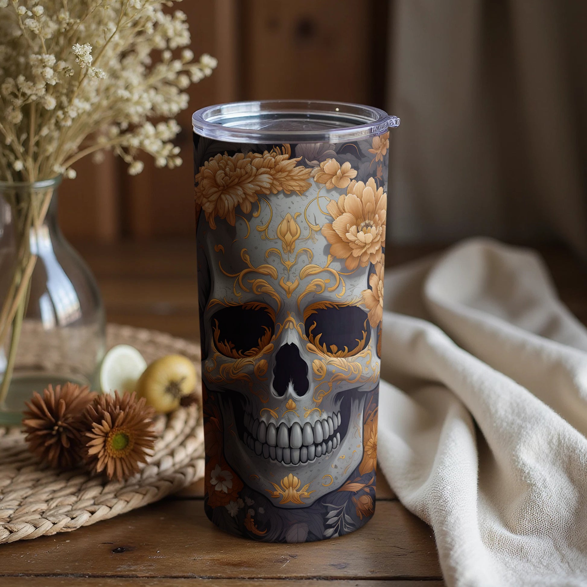 Skull and Floral Art Insulated Tumbler Product