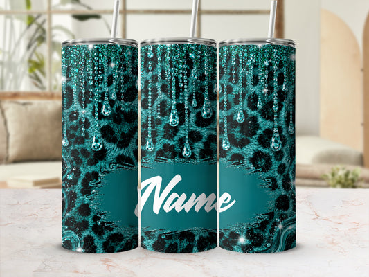 Three teal tumblers with leopard print and dripping glitter designs.