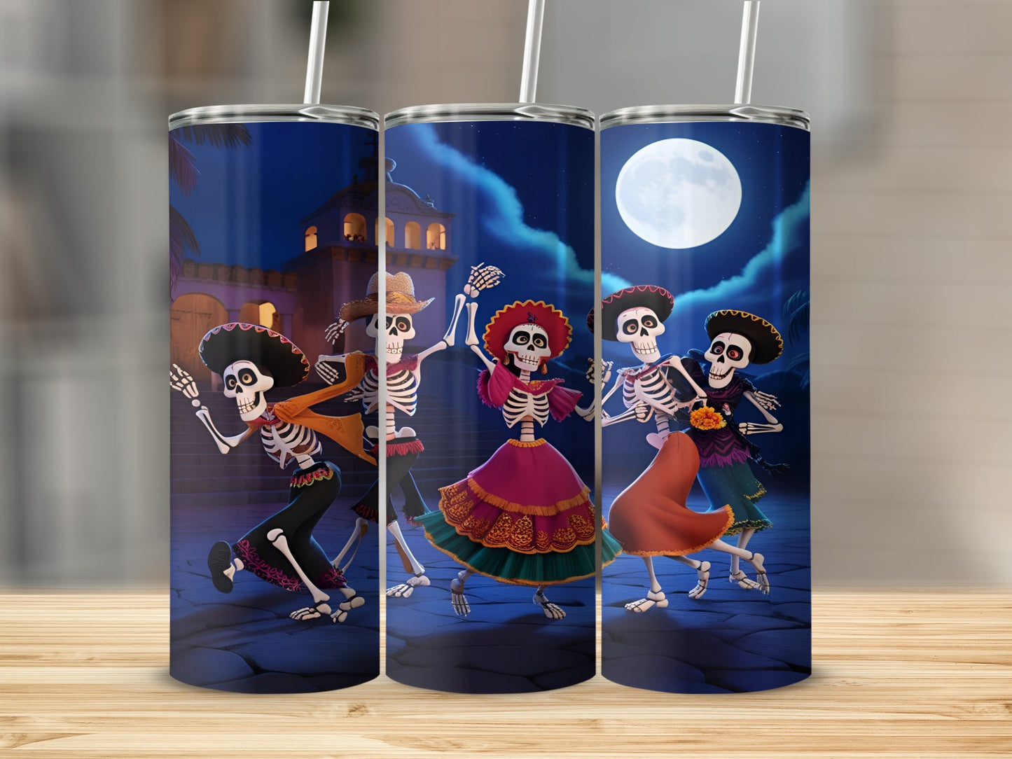 Dancing skeletons in colorful outfits under a full moon.