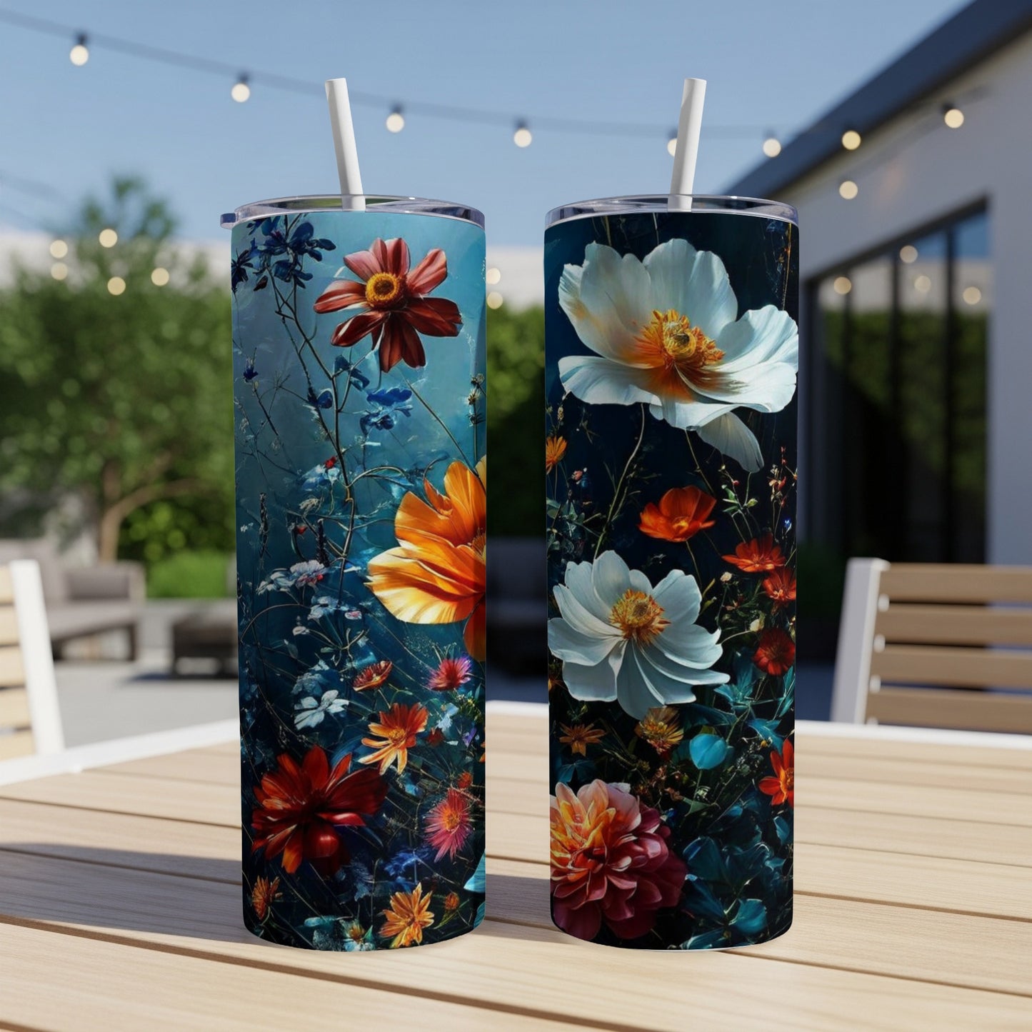 Two tumblers with vibrant floral designs sit on a wooden table.