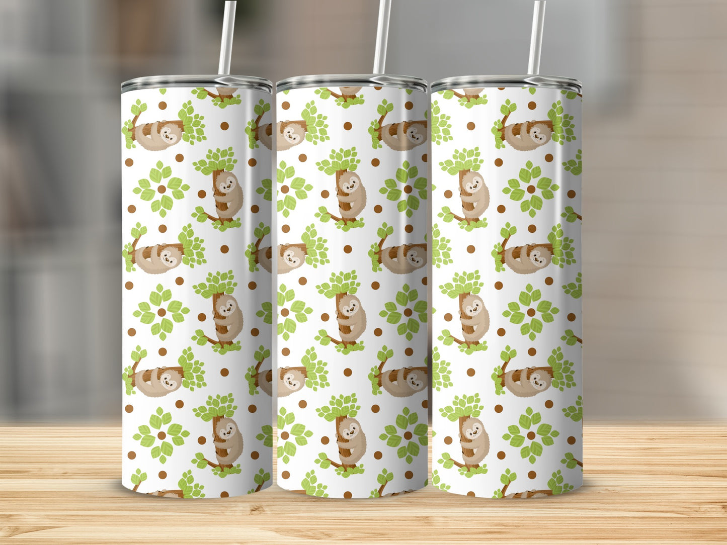 Three tumblers with a white background and a repeating pattern of sloths on tree branches.