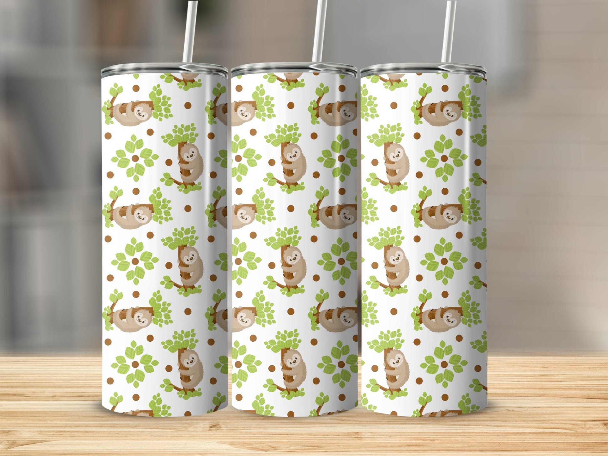 Three tumblers with a white background and a repeating pattern of sloths on tree branches.
