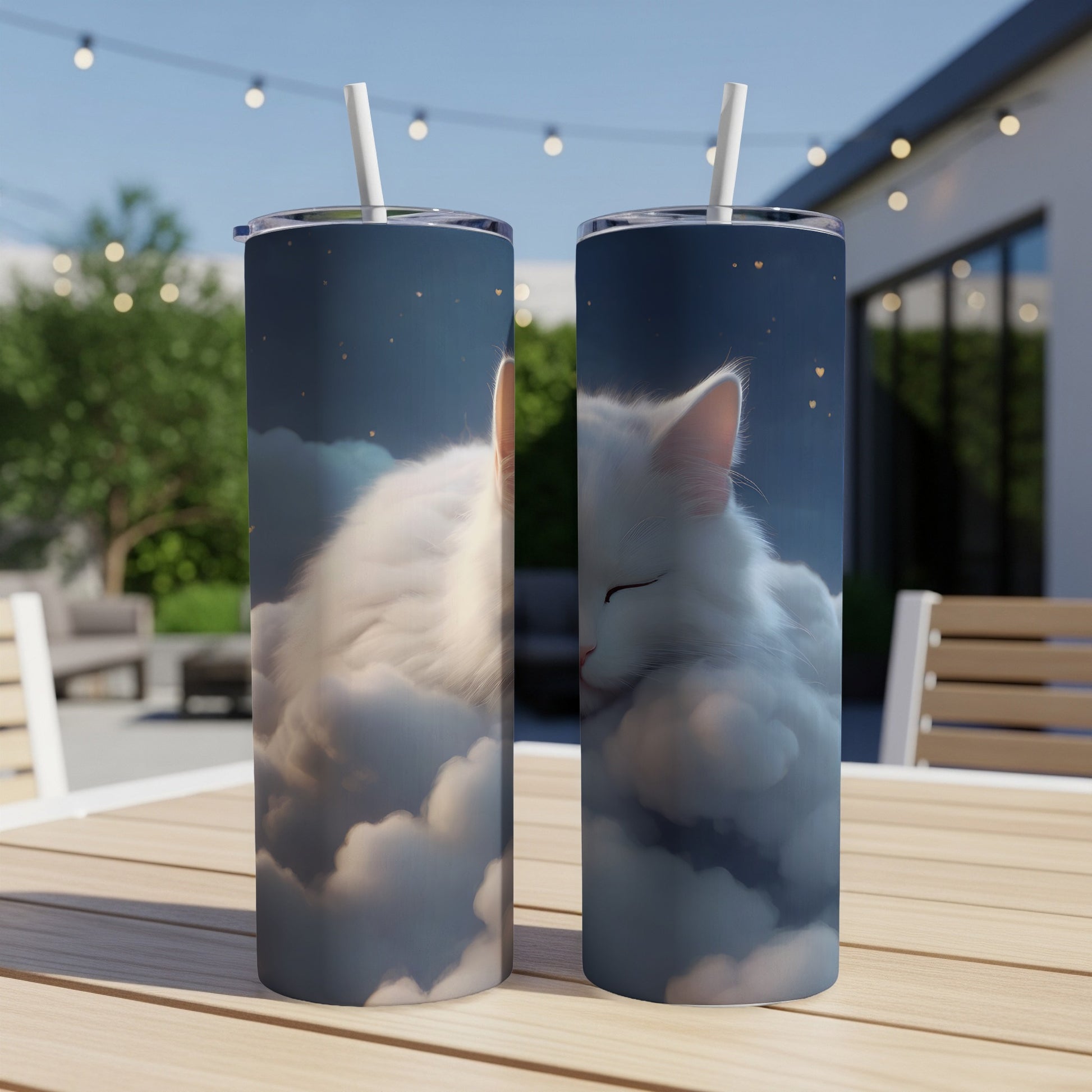 Fluffy white cat sleeping on clouds, with stars in the night sky.