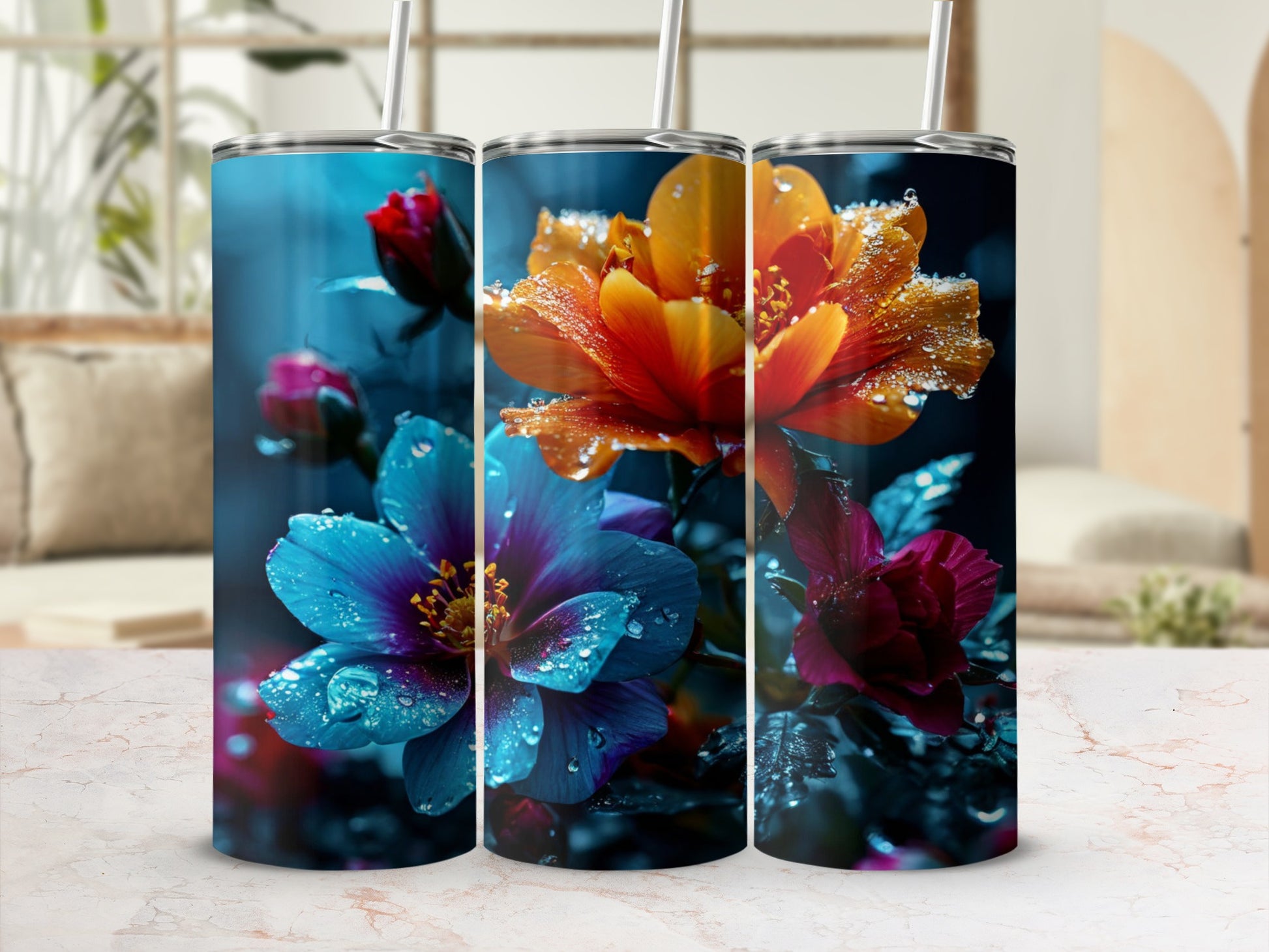 Three tumblers featuring vibrant, dewy flowers in close-up, against a blurred background.