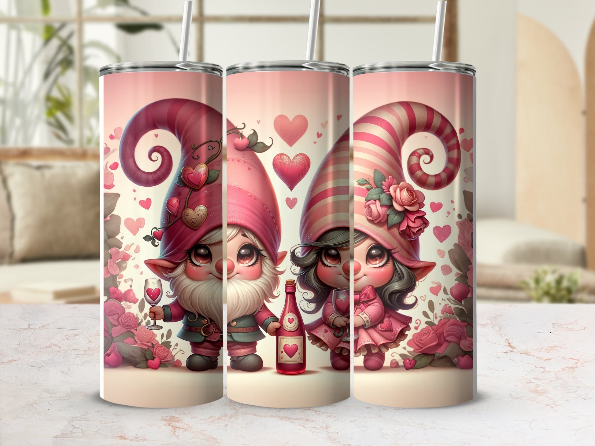 Two gnomes with pink hats, one holding a wine glass and bottle.
