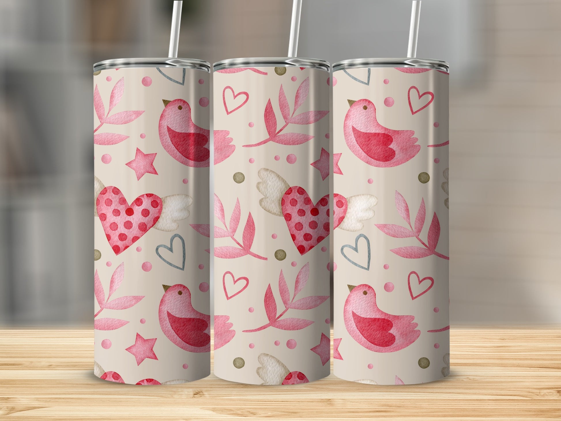 Pink Bird and Heart Design Tumbler for Beverages