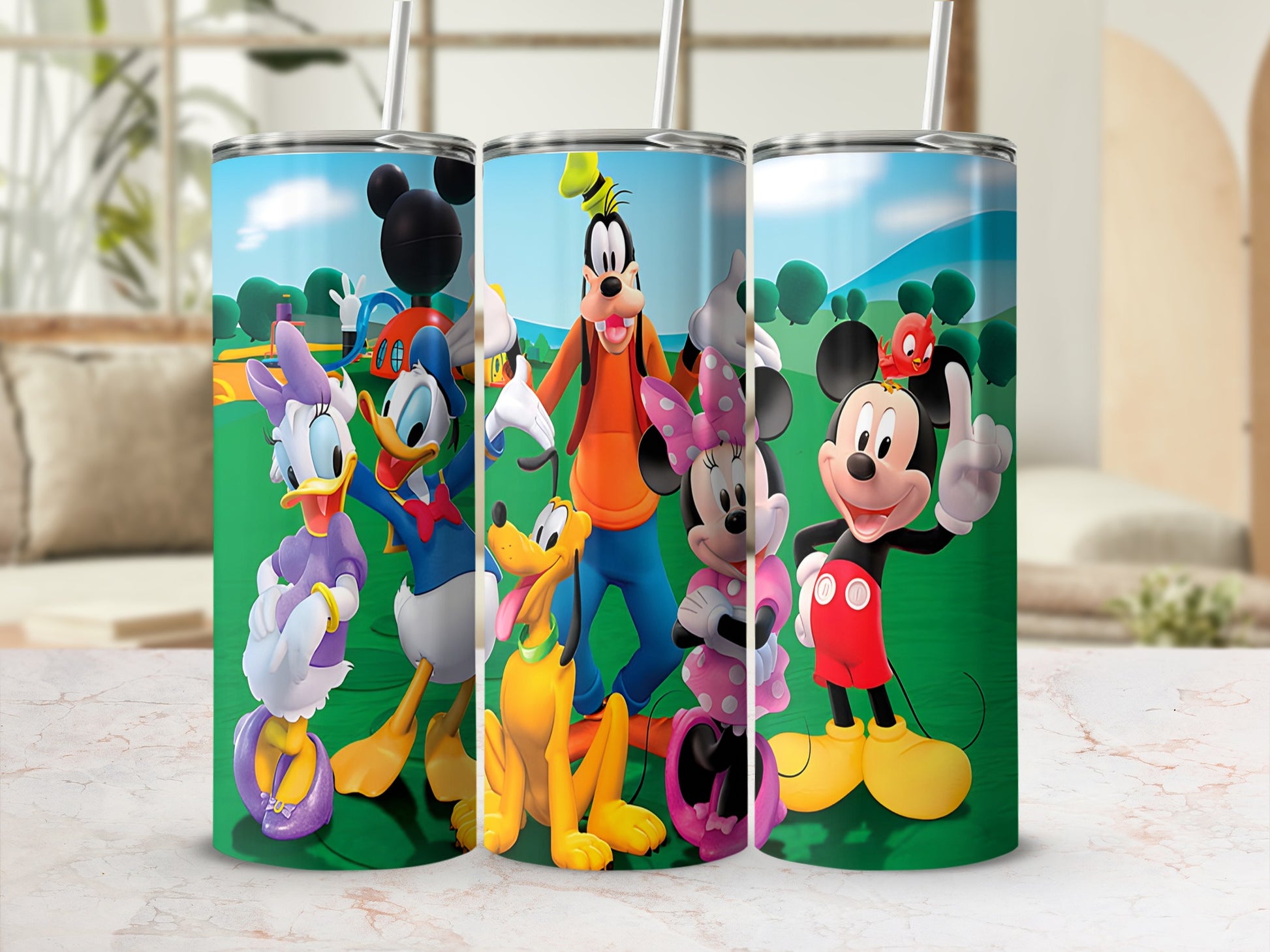 Mickey Mouse and friends cartoon characters on tumblers.