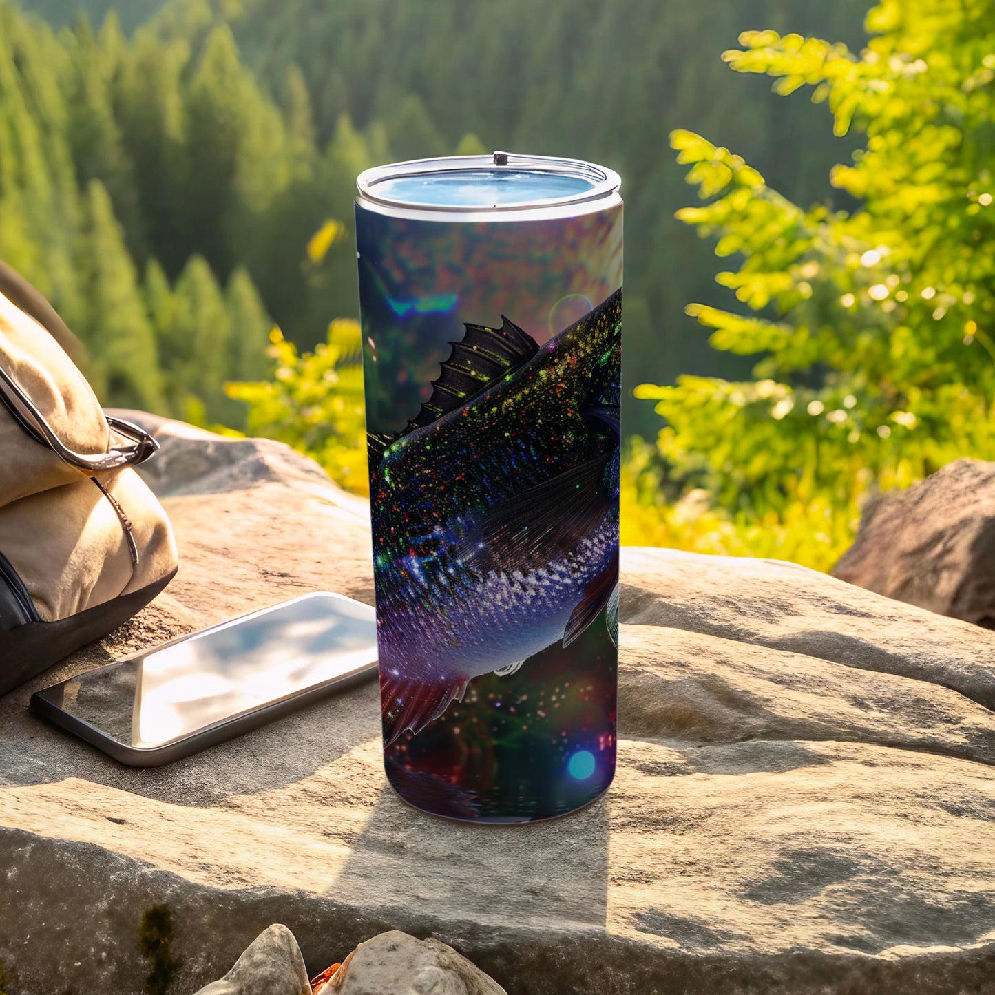 Dark fish design on a stainless steel tumbler with a forest background.