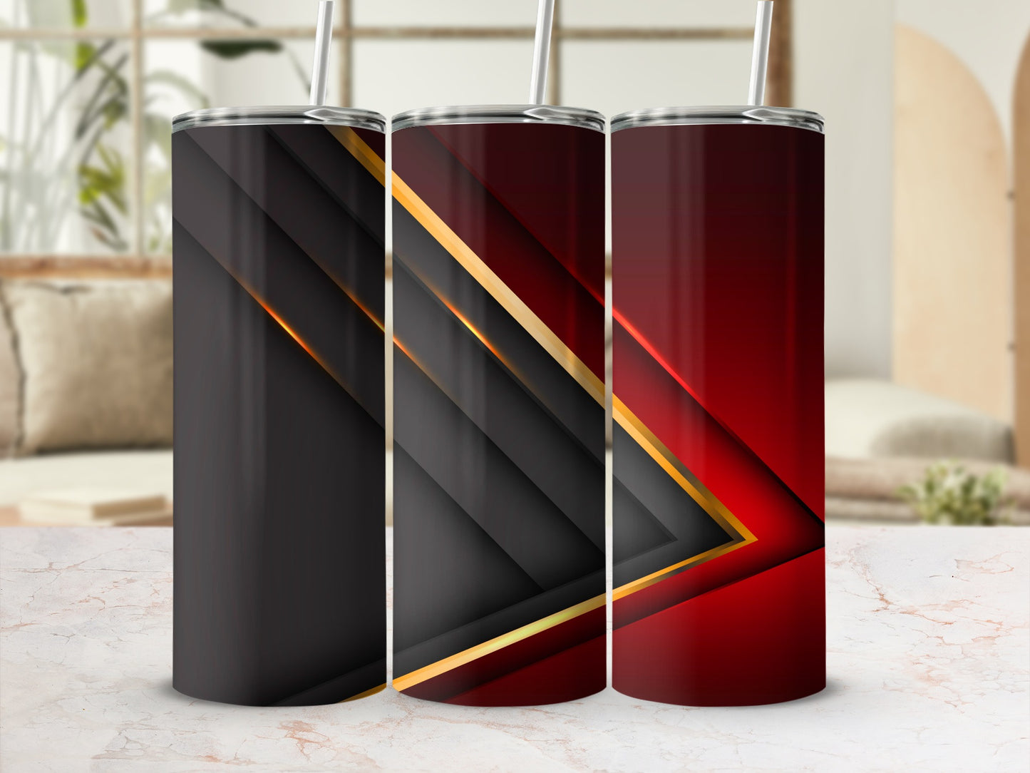 Layered geometric black red gold pattern skinny tumbler