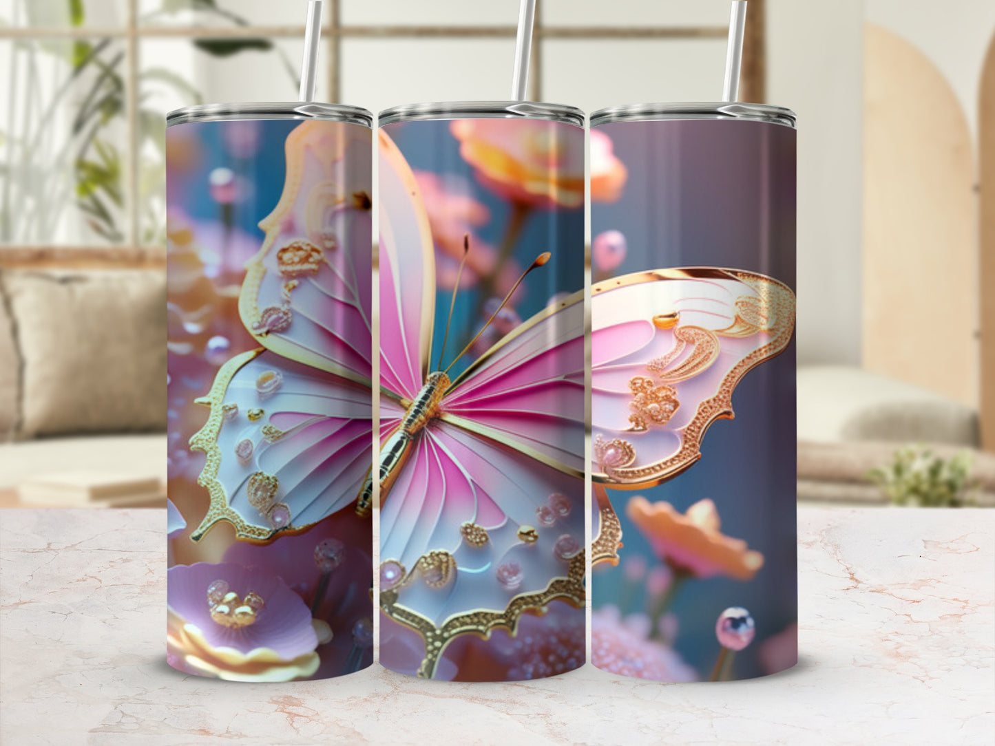 Pink and gold butterfly with floral accents on a patterned tumbler.
