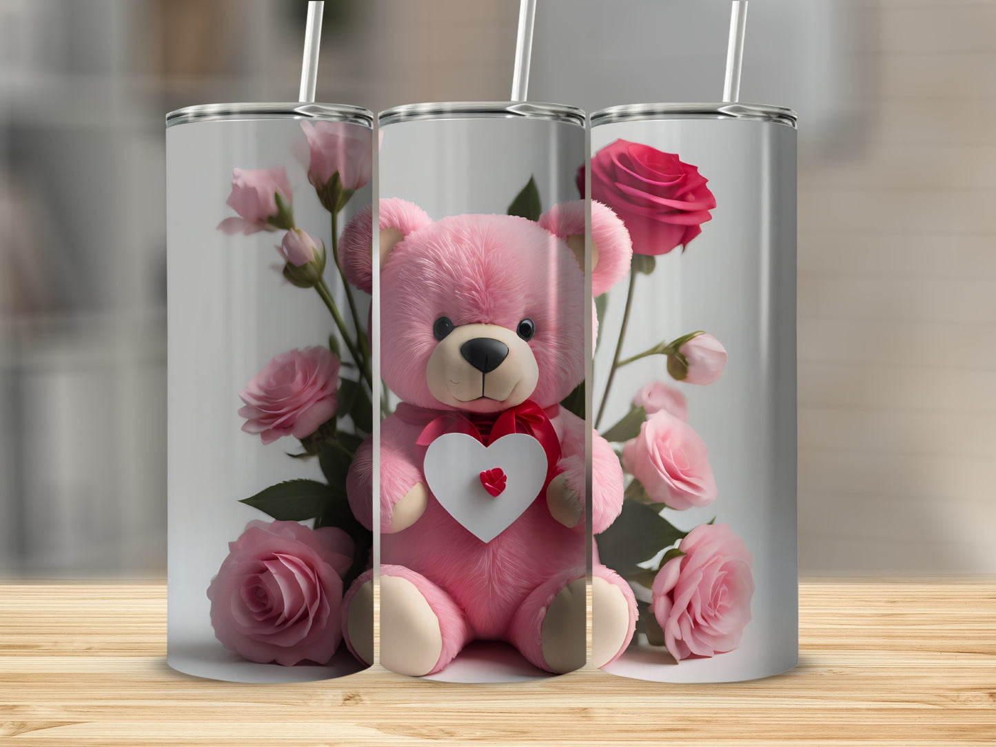 Pink Teddy Bear with Roses Design Tumbler Cup