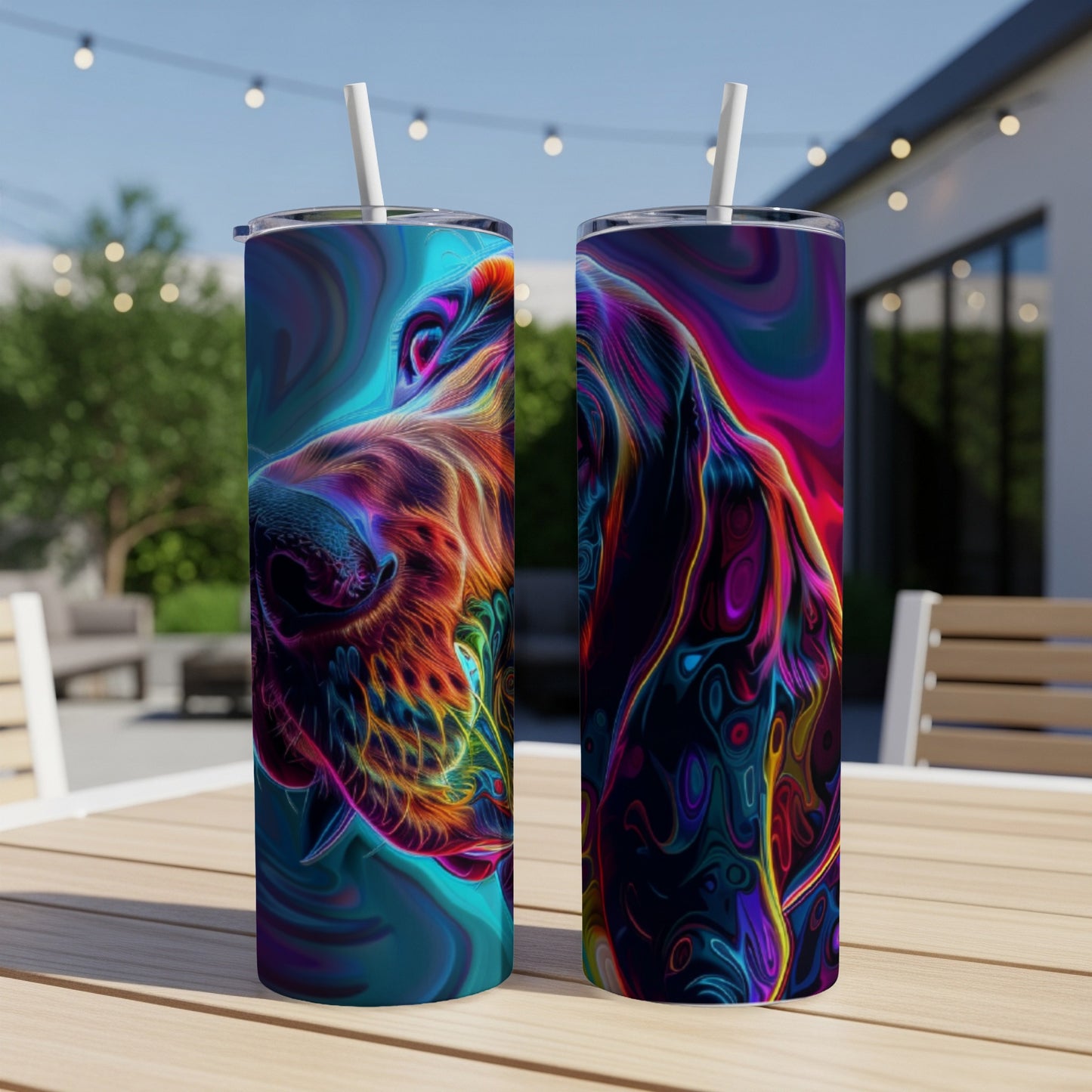 Two tumblers featuring a colorful, abstract dog portrait on a patio table.