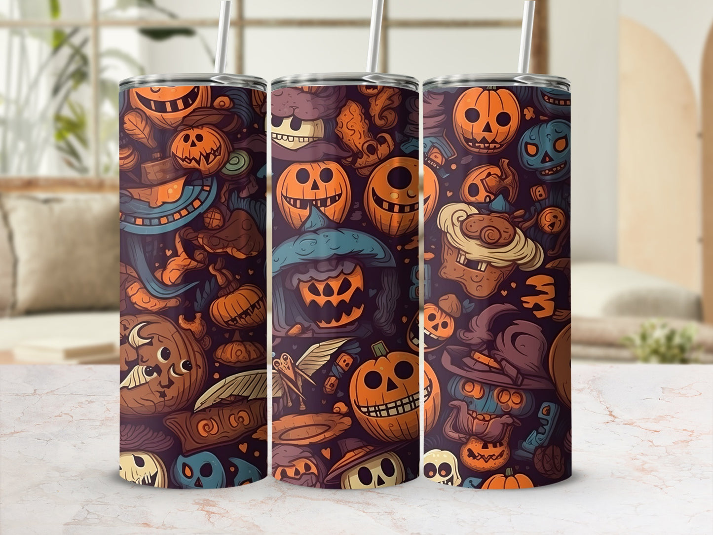 Halloween Themed Tumbler with Cartoon Pumpkins Design