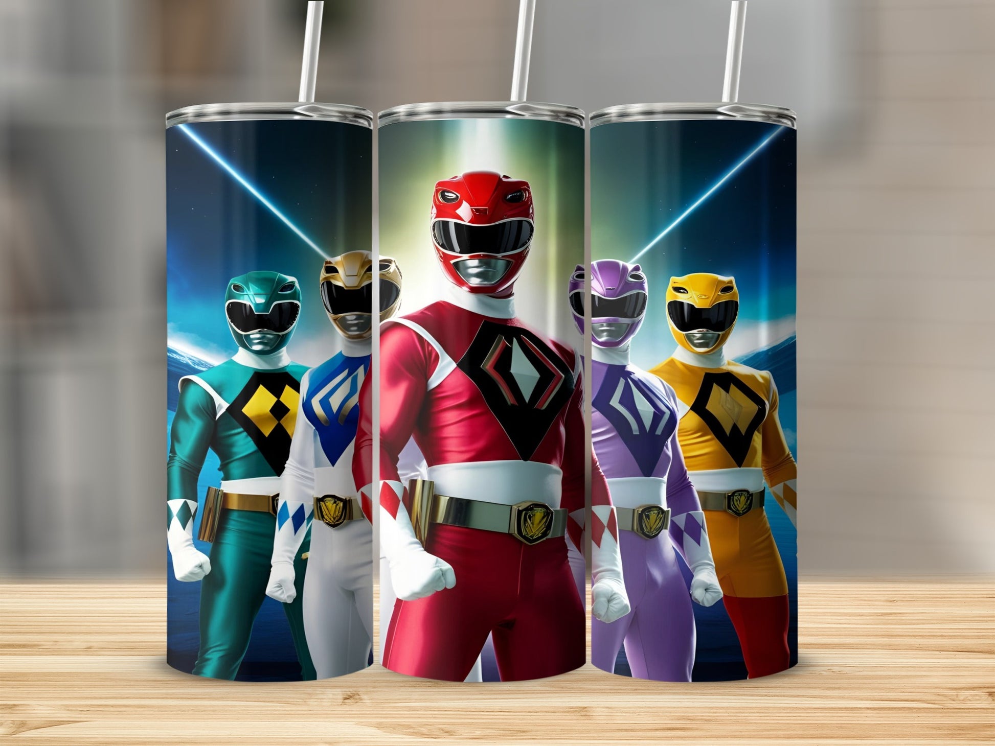 Five Power Rangers in their colored suits standing side-by-side.