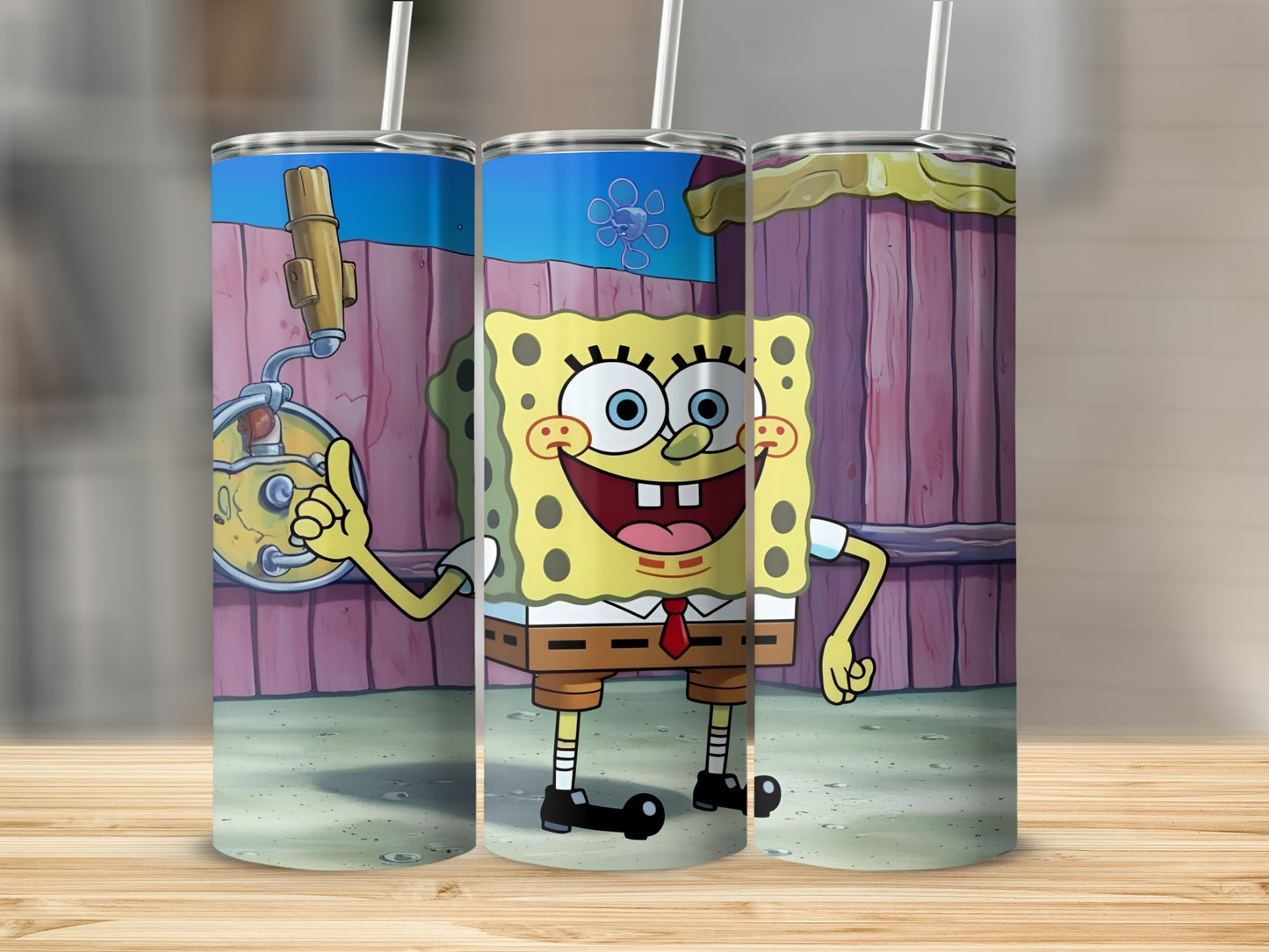 SpongeBob SquarePants holding a cartoon wrench with a wooden fence background.