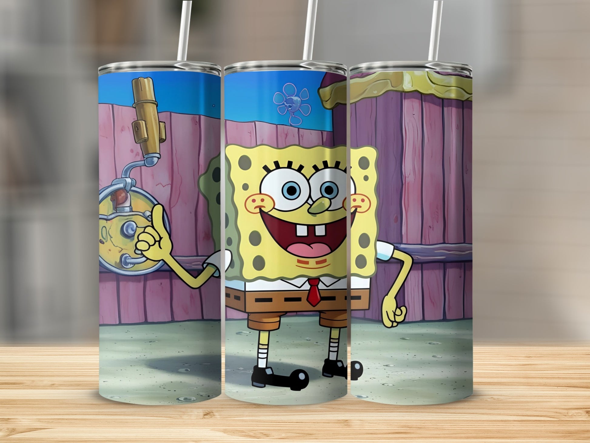 SpongeBob SquarePants holding a cartoon wrench with a wooden fence background.
