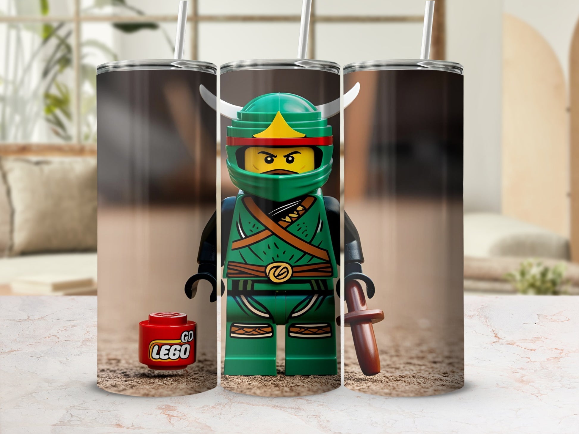 Green Lego minifigure warrior with red helmet and sword, on a Lego brick.