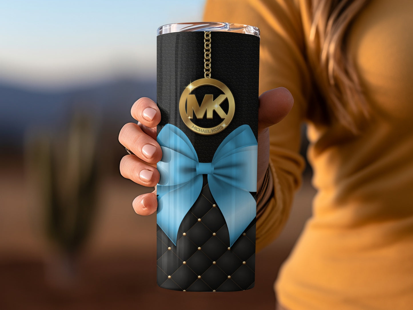 Stylish MK Black and Blue Bow Travel Tumbler