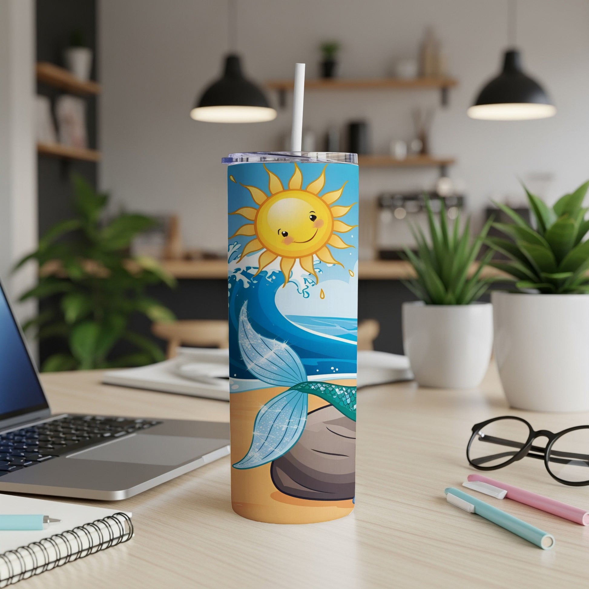 Beach scene with smiling sun, ocean wave, and mermaid tail on a tumbler.