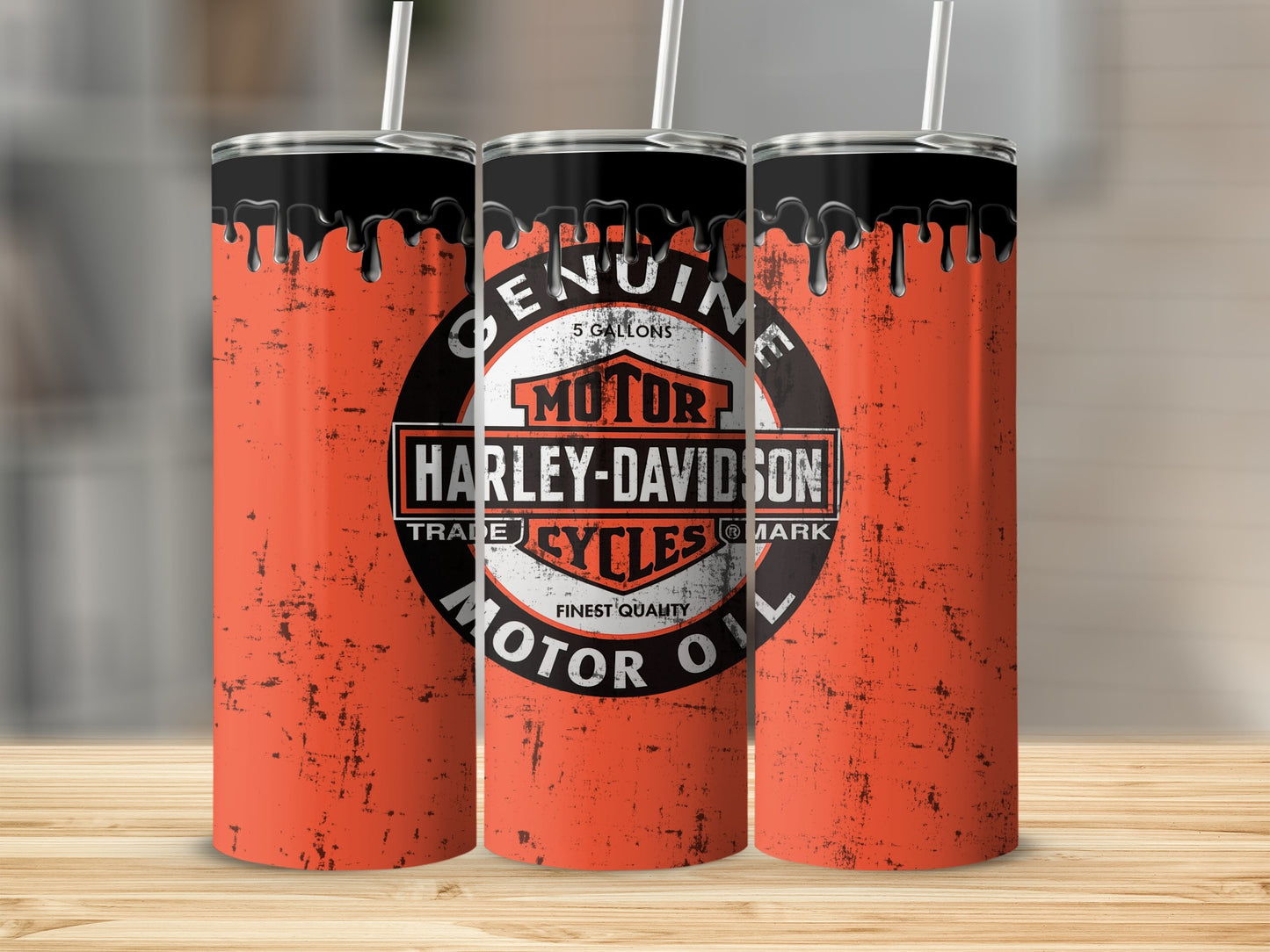 Orange tumbler with Harley-Davidson logo and dripping oil design.