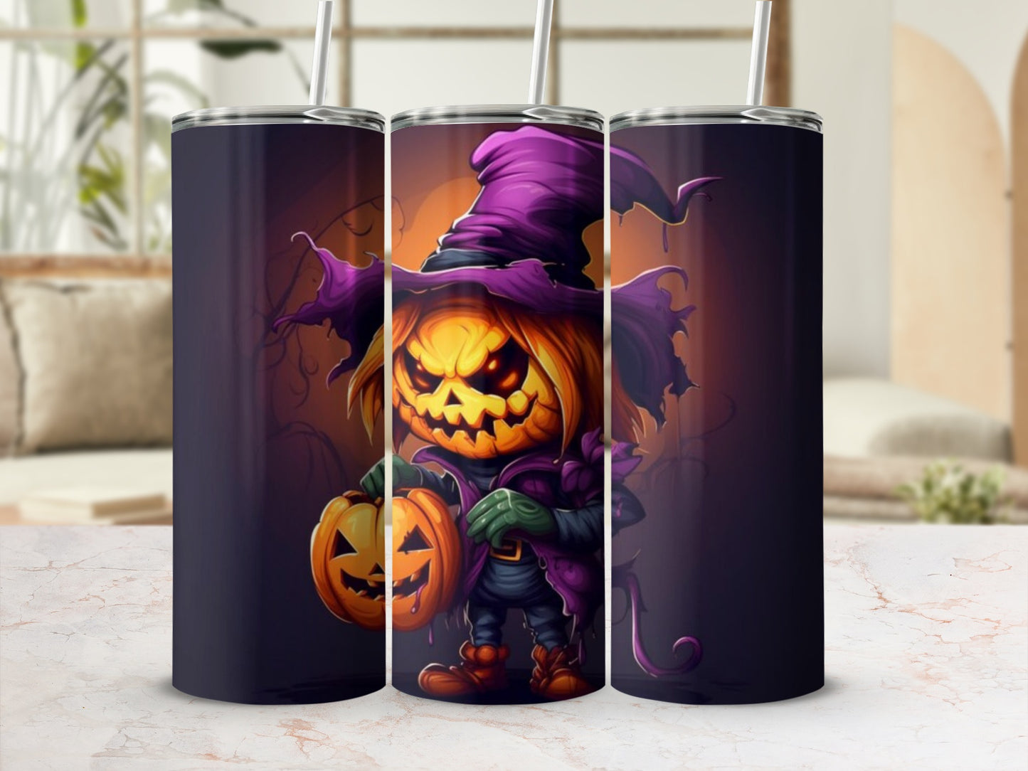 Tumblers featuring a cartoon pumpkin character wearing a witch hat and holding a pumpkin.