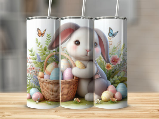 Easter bunny with basket of colorful eggs and butterflies.