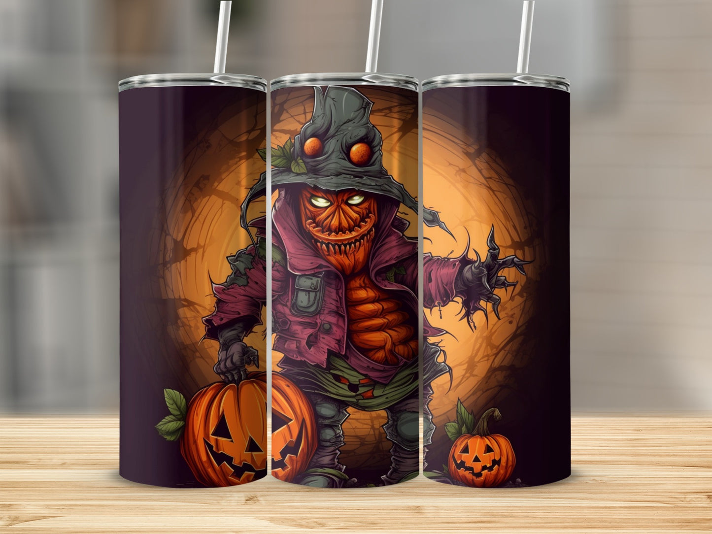 Halloween scarecrow with pumpkins on a tumbler with a straw