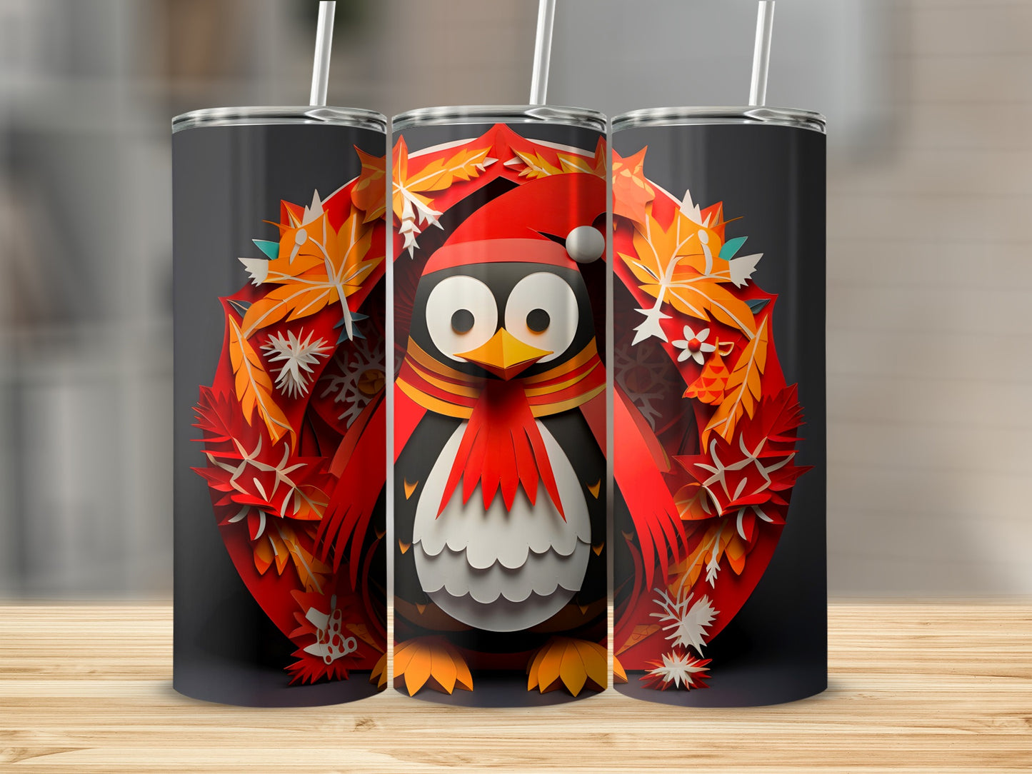 Three tumblers featuring a cartoon penguin wearing a Santa hat and scarf.