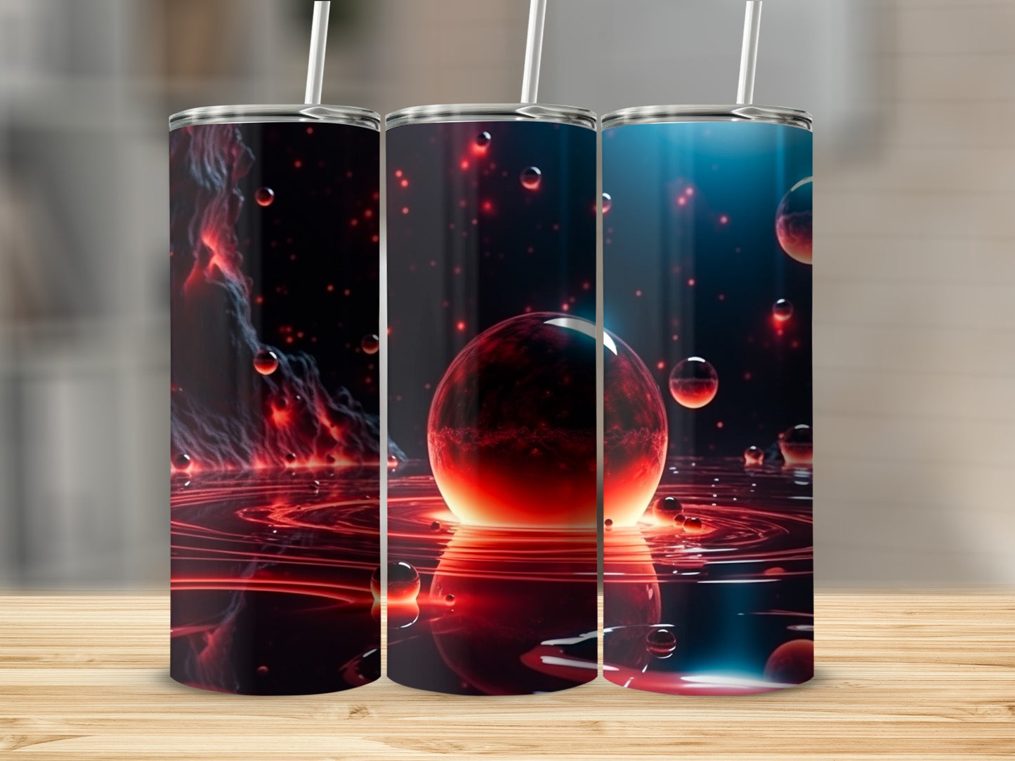 Three tumblers with a swirling red and black cosmic nebula design.