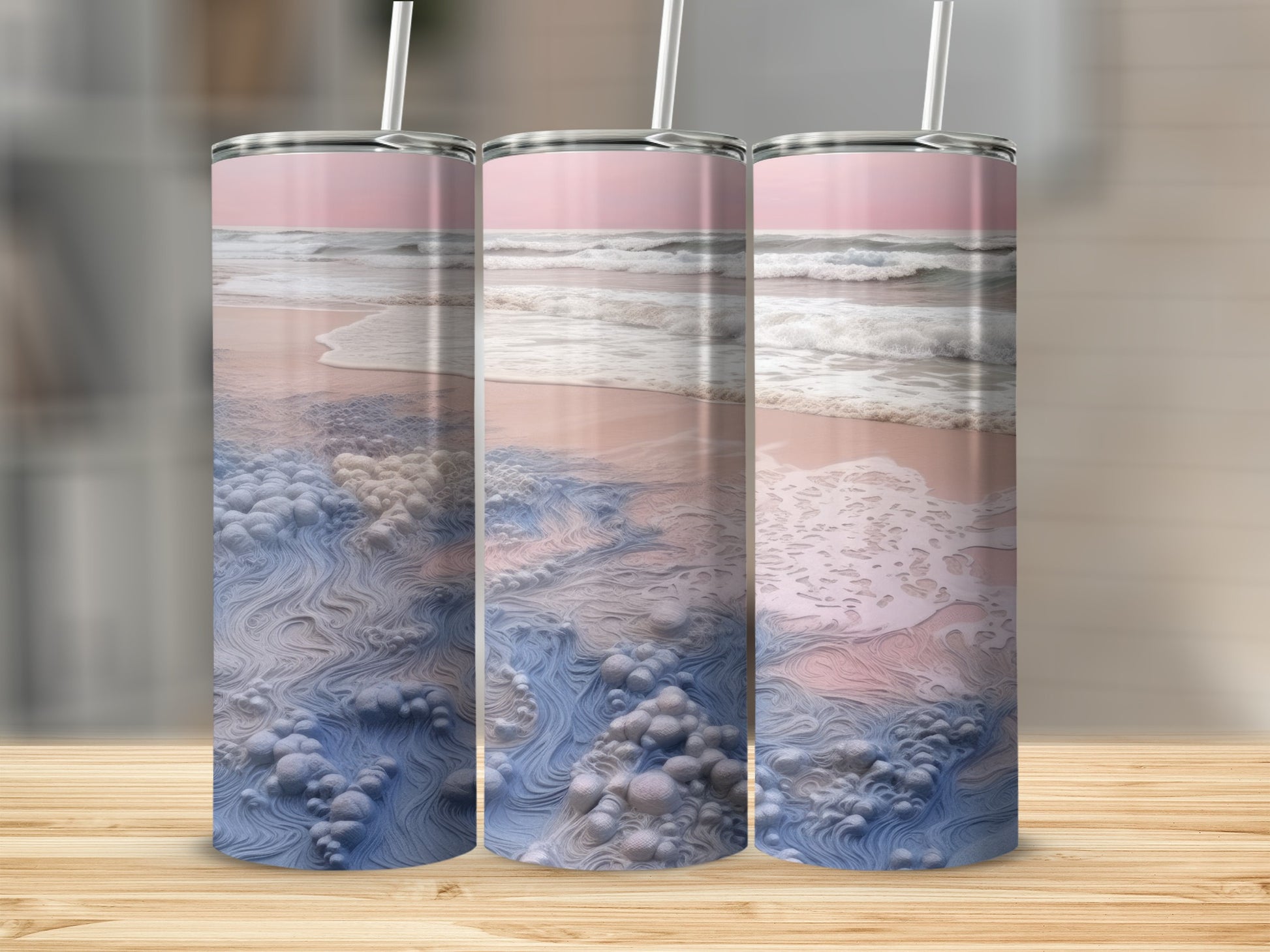 Three tumblers with a textured ocean wave and beach sunset design.