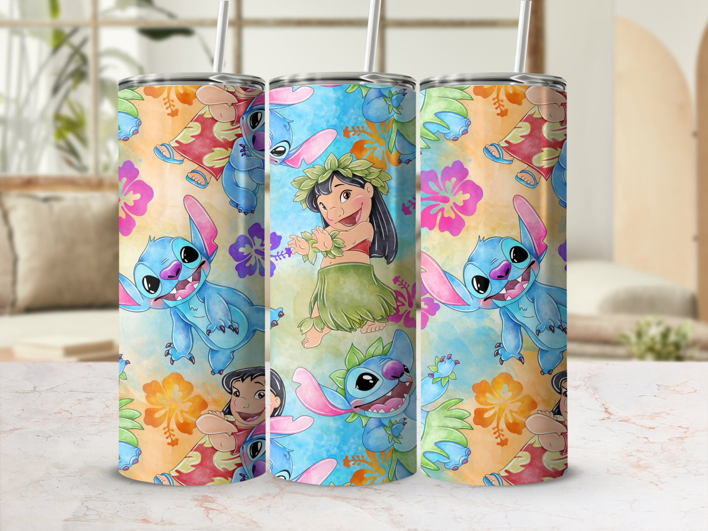 Colorful Lilo and Stitch Tumbler with Floral Patterns