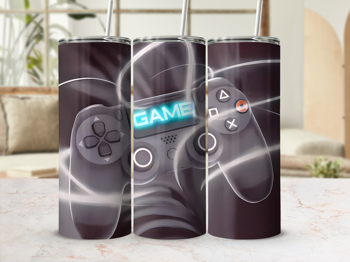 Gaming controller with "GAME" text, on a patterned background.