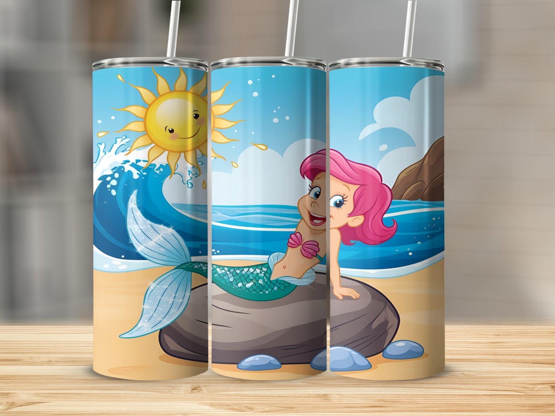 Cartoon mermaid with pink hair on a rock by the ocean under a sunny sky.