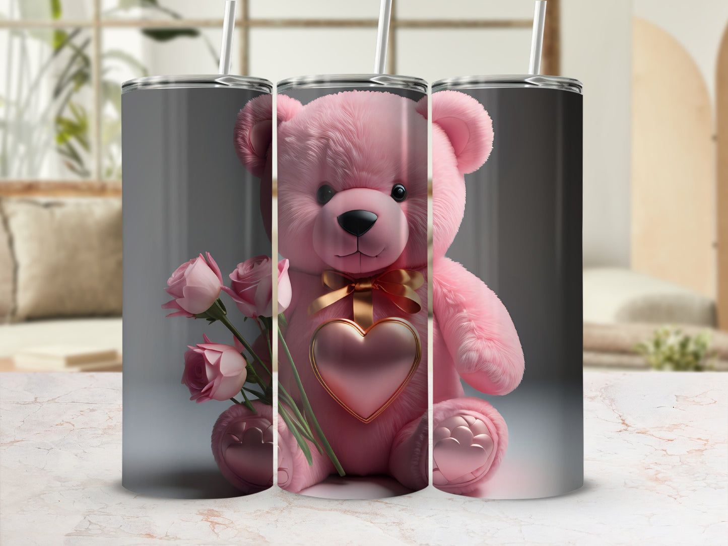 Adorable Pink Teddy Bear with Pink Roses Insulated Tumbler