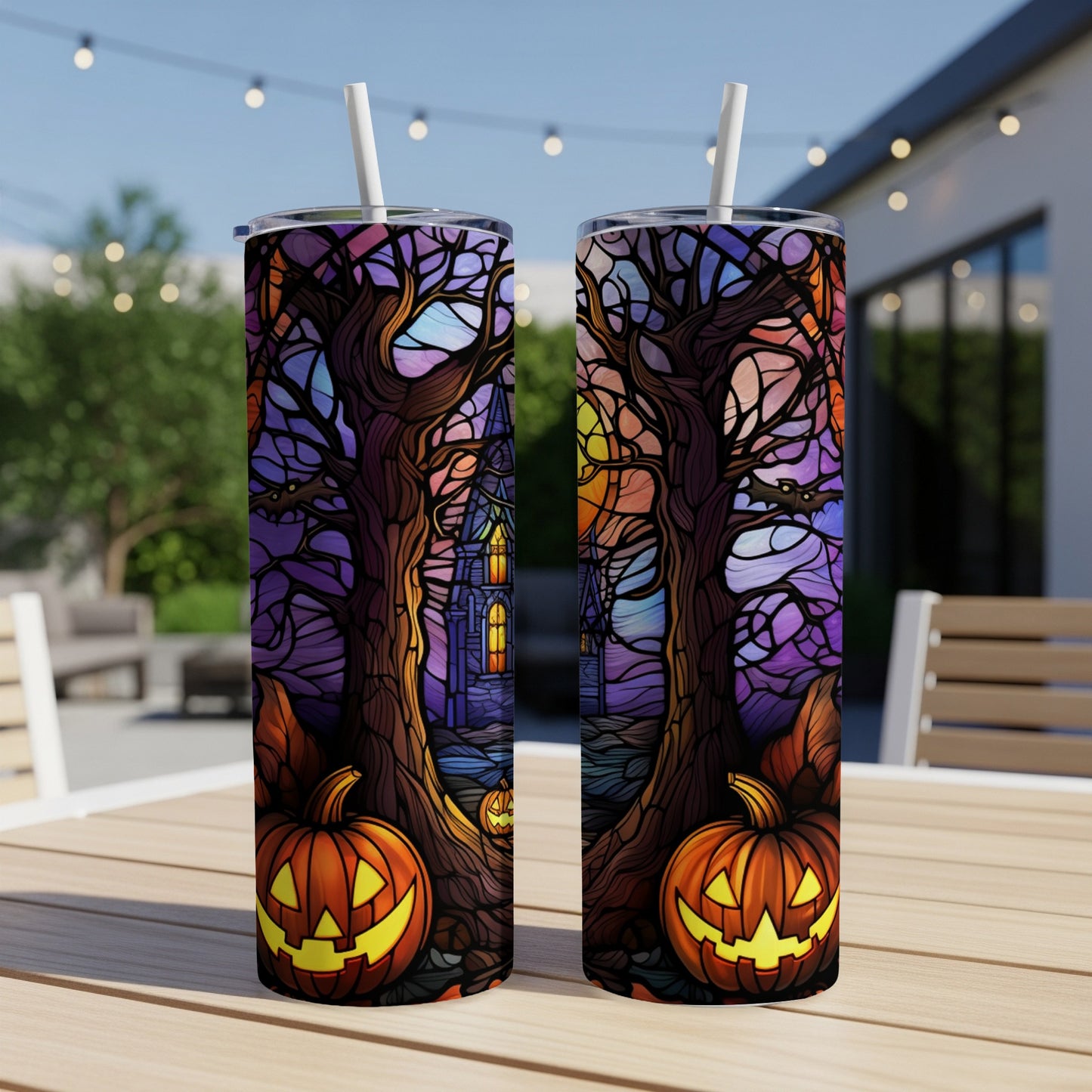 Two Halloween tumblers with spooky tree and pumpkin designs.